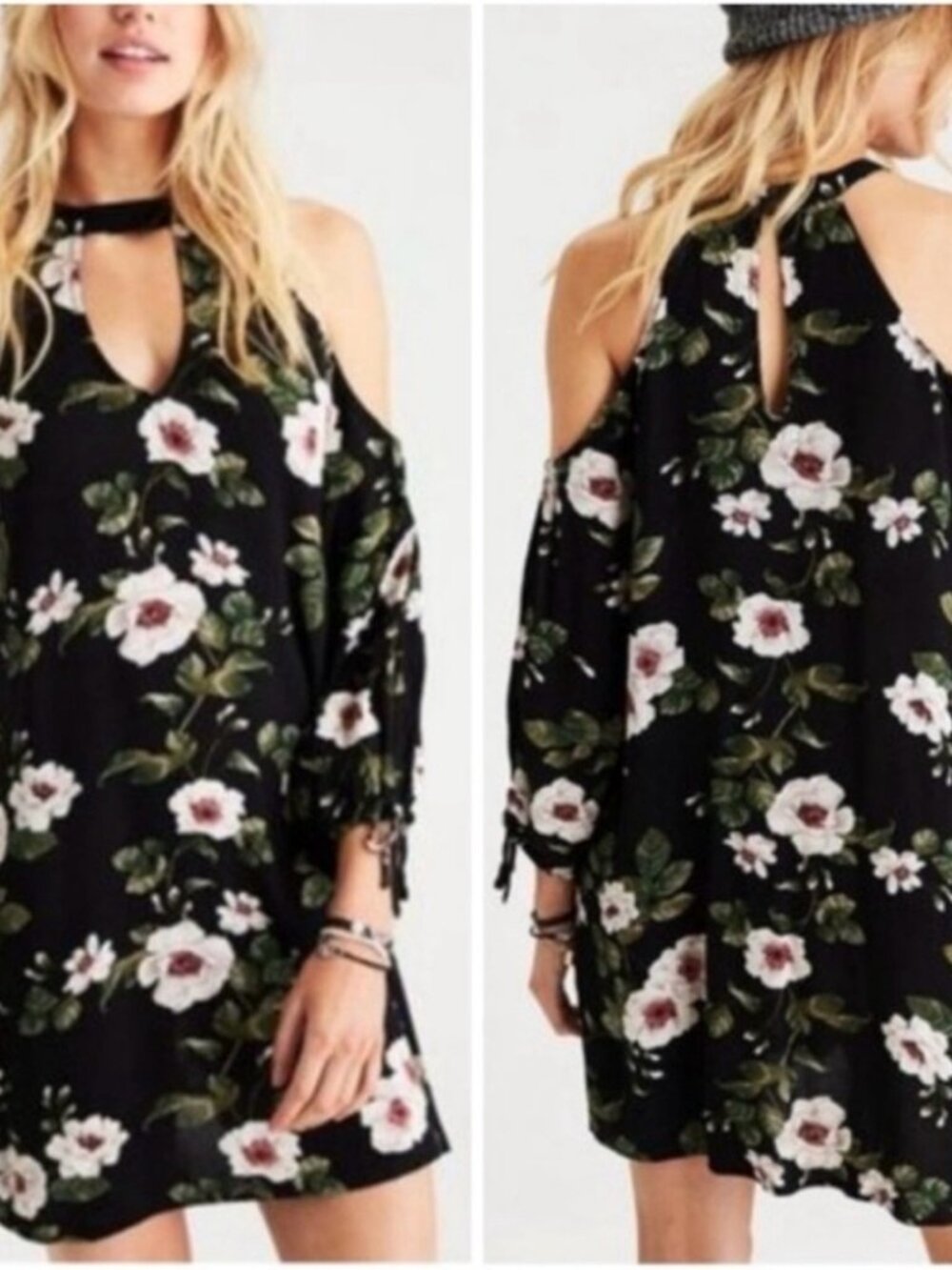American Eagle Outfitters Black White Floral Boho Keyhole Cold Shoulder Dress
